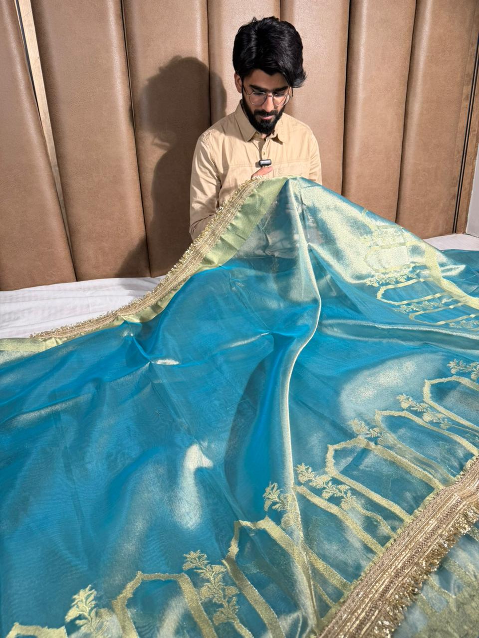 Sea Blue Tissue Silk Mughali Art Heavy Lace Work Banarasi Saree