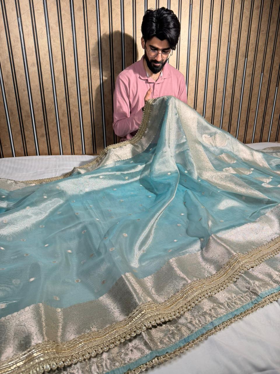 Sea green Eccentric Tissue silk Banarasi saree with Designer lace Work 