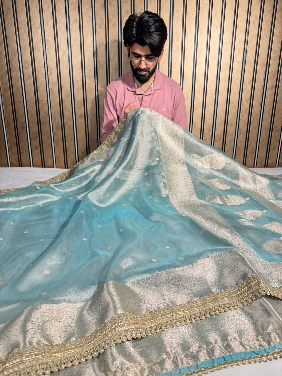 Sea green Eccentric Tissue silk Banarasi saree with Designer lace Work 
