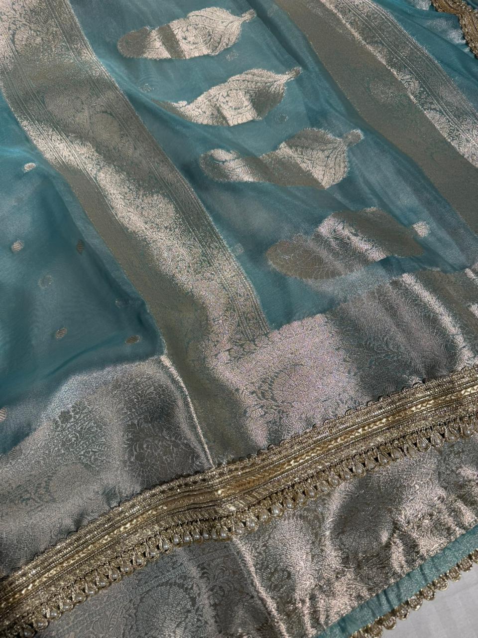 Sea green Eccentric Tissue silk Banarasi saree with Designer lace Work 