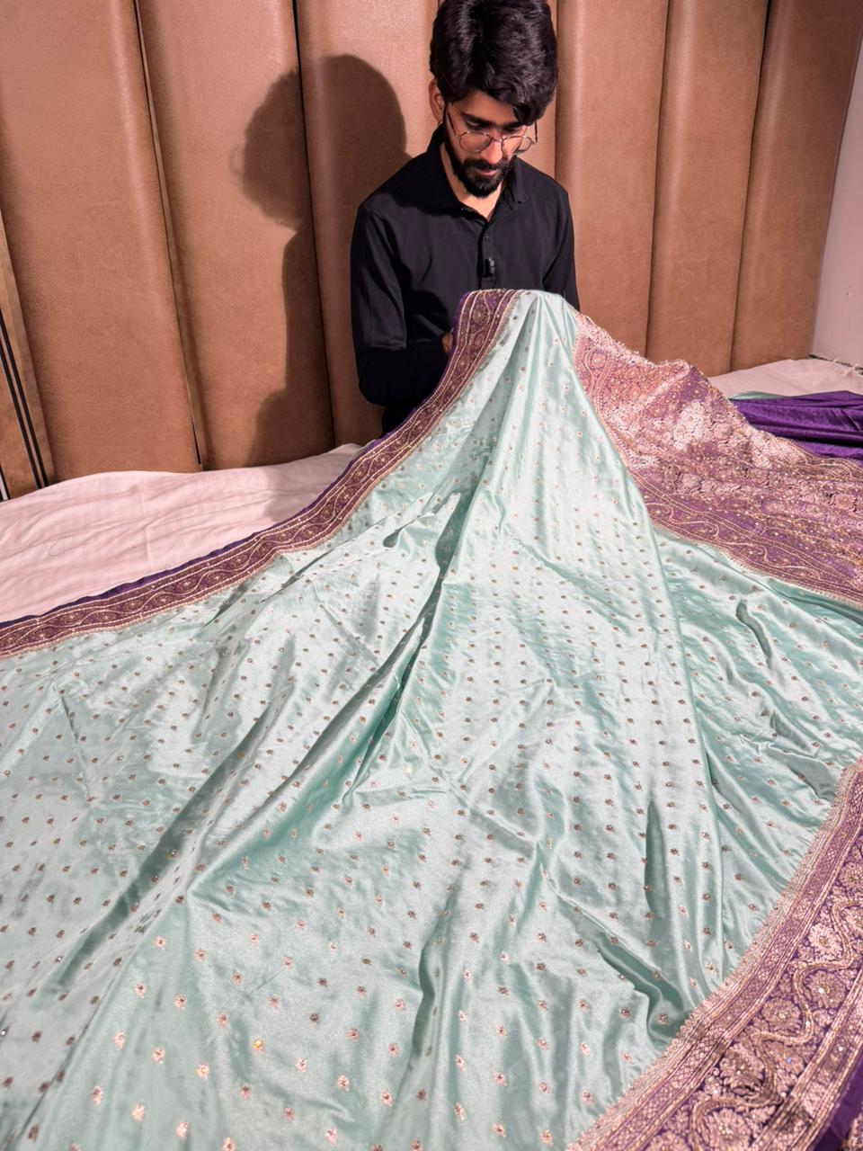 Sea green purple Mashru Katan handwork saree