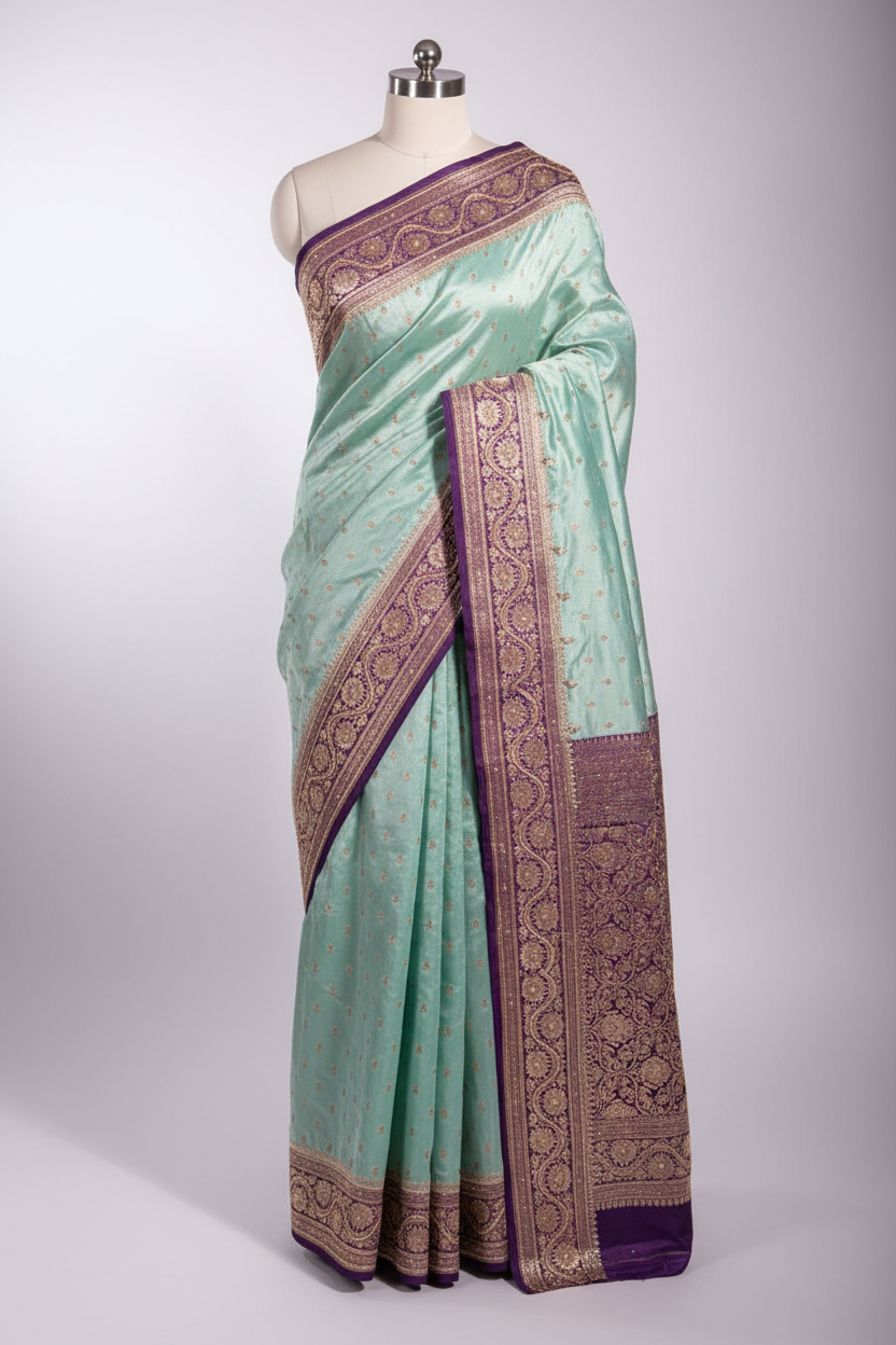 Sea green purple Mashru Katan handwork saree