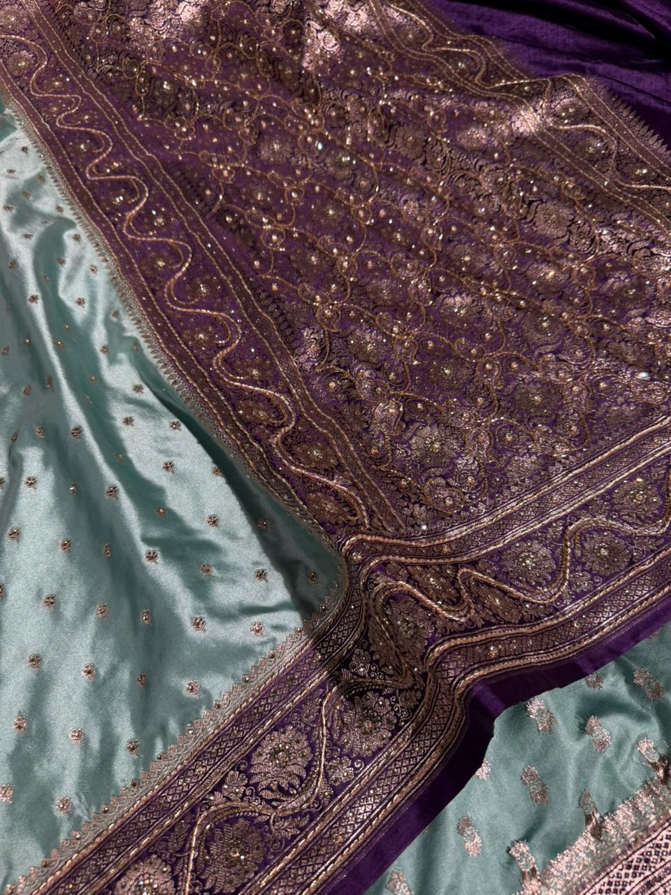 Sea green purple Mashru Katan handwork saree