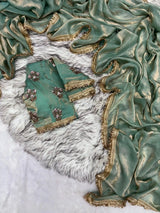 Sea Green Shimmery Tissue Saree With Pretty Lace Work