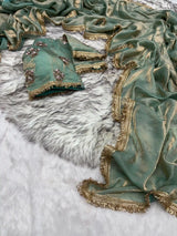 Sea Green Shimmery Tissue Saree With Pretty Lace Work