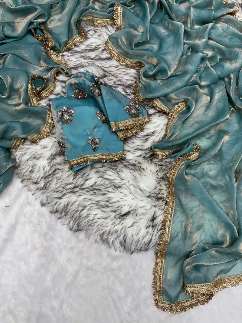 Shimmery Tissue Saree With Pretty Lace Work