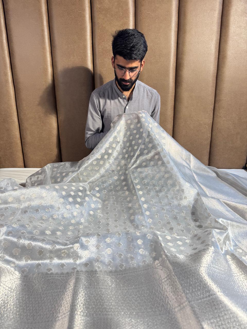 Silver Tissue Silk Buti Banarasi Saree
