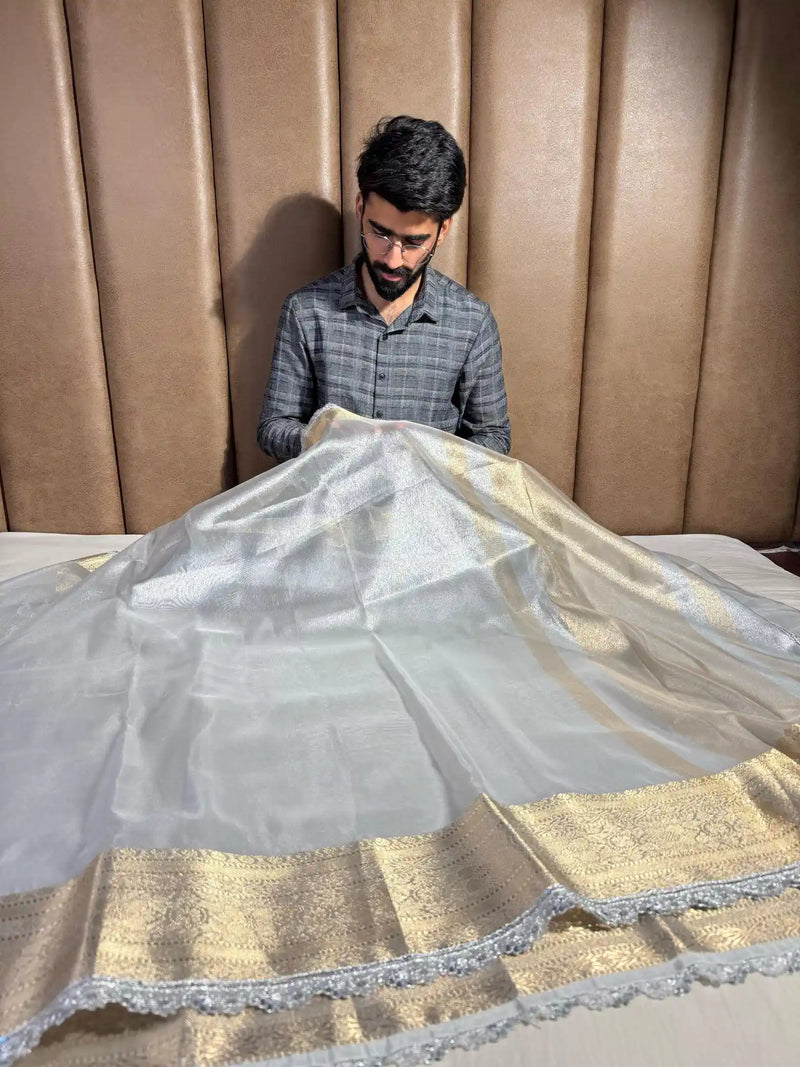 Silver Zari Weave Tissue Silk Lace Work Banarasi Saree