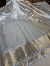 Silver Zari Weave Tissue Silk Lace Work Banarasi Saree