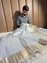 Silver Zari Weave Tissue Silk Lace Work Banarasi Saree