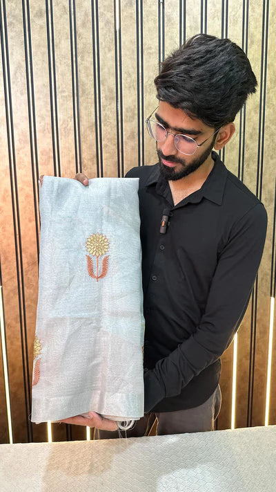 Silver Kota Tissue Silk Floral Embroidered Banarasi Saree