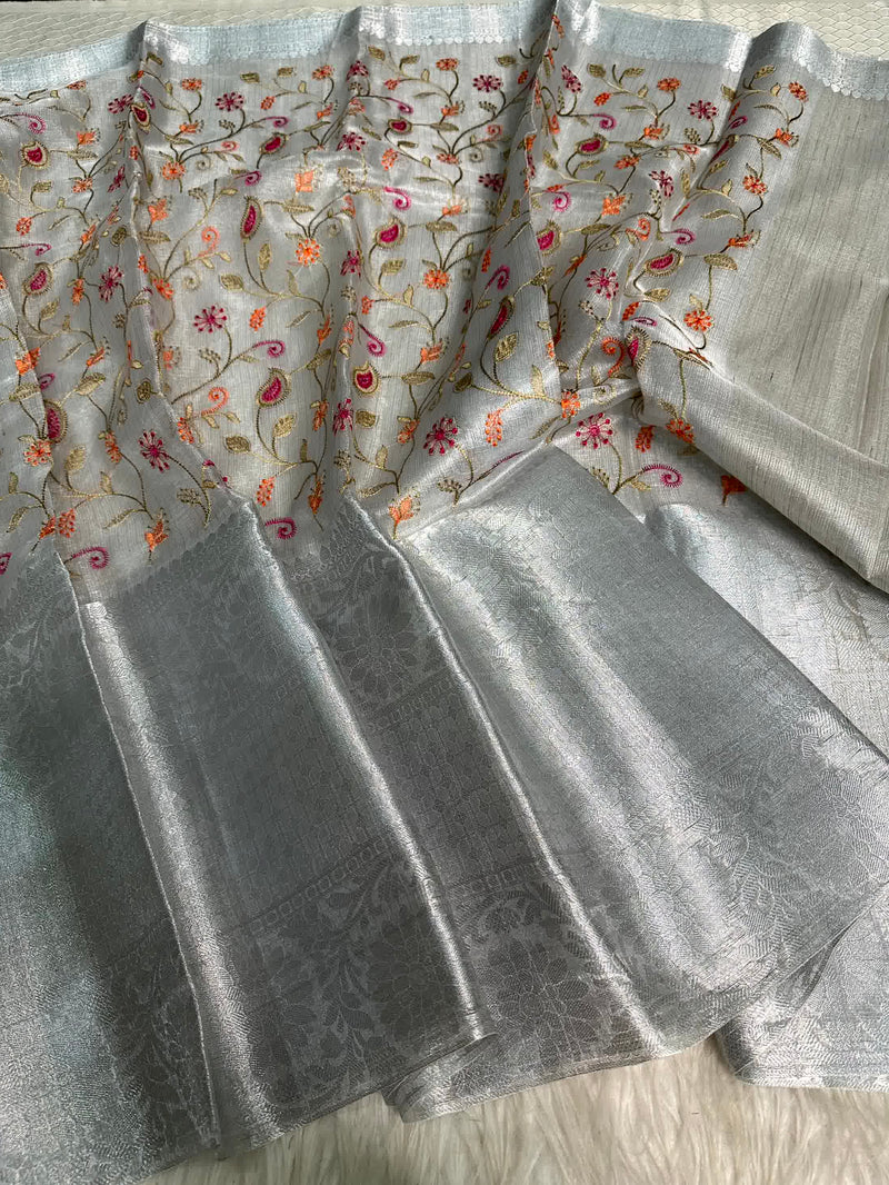 Silver Kota Tissue Silk Floral Embroidered Saree