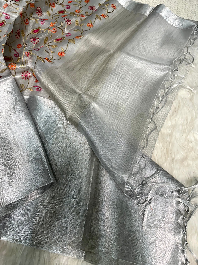 Silver Kota Tissue Silk Floral Embroidered Saree