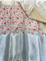 Silver Kota Tissue Silk Floral Embroidered Saree