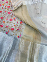 Silver Kota Tissue Silk Floral Embroidered Saree