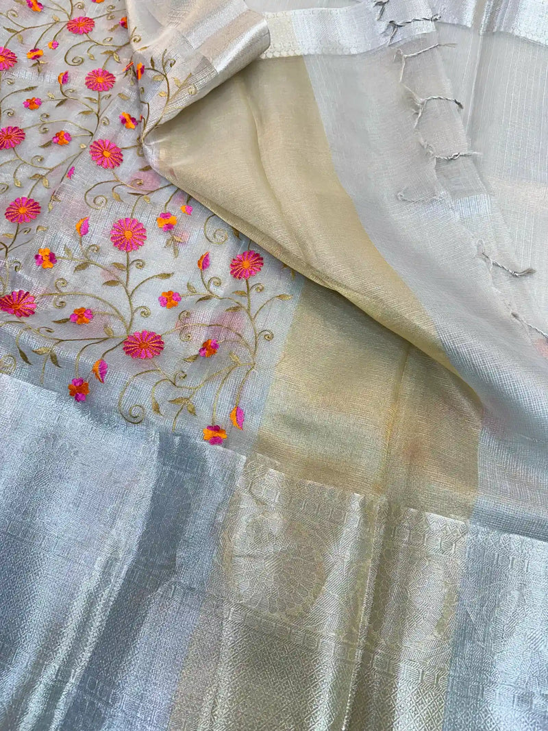 Silver Kota Tissue Silk Floral Embroidered Saree