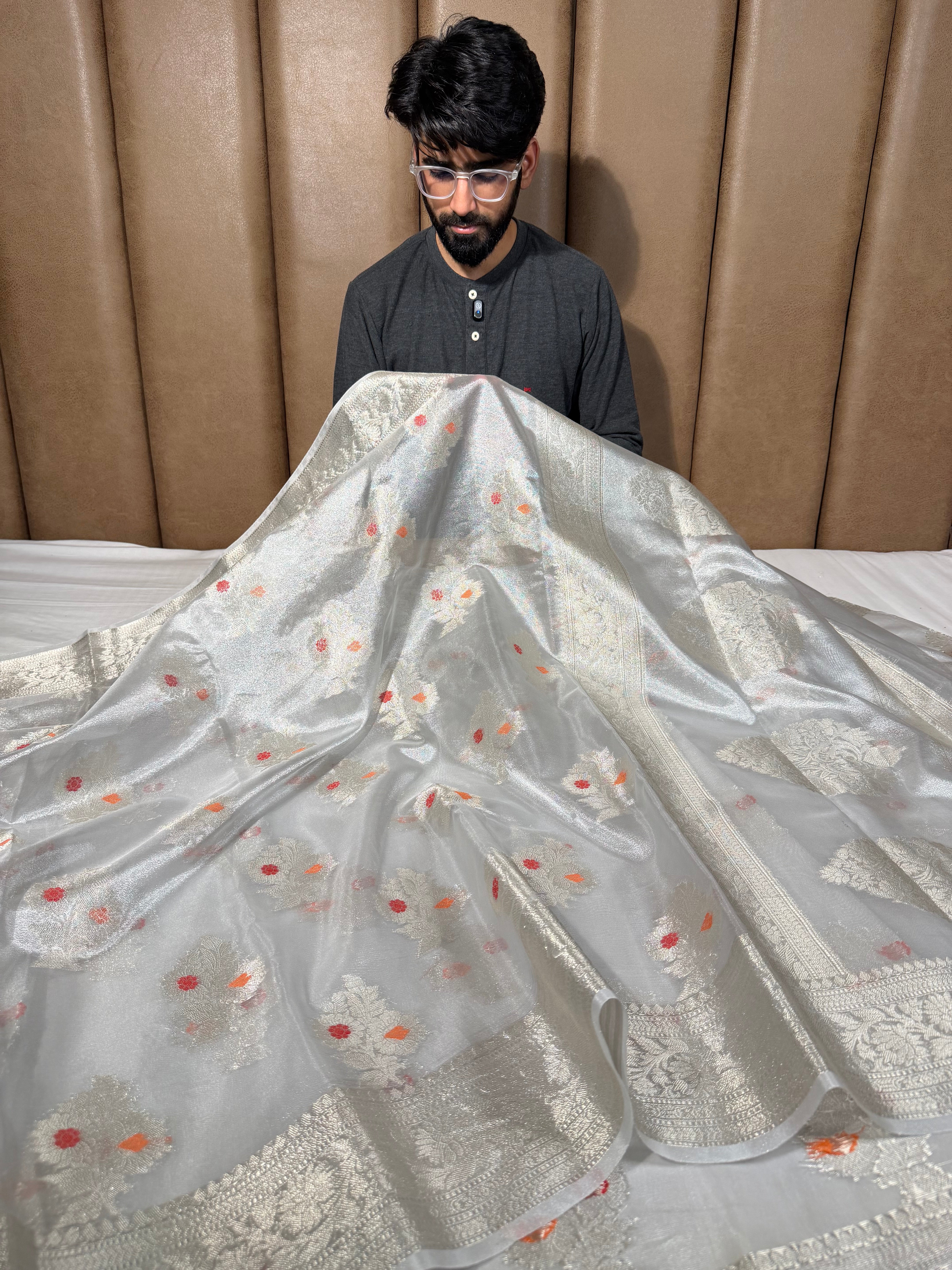 Silver Zari Kora Tissue Meenakari Banarasi Saree