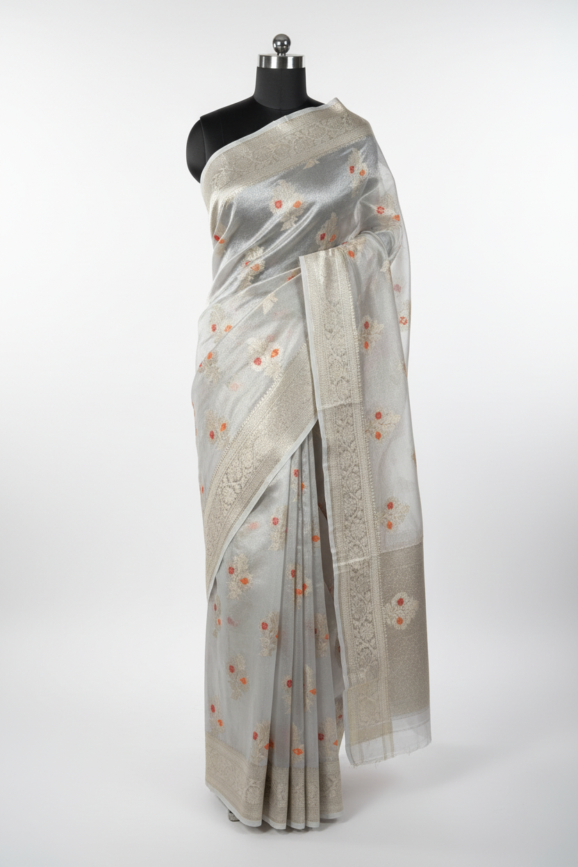 Silver Zari Kora Tissue Meenakari Banarasi Saree