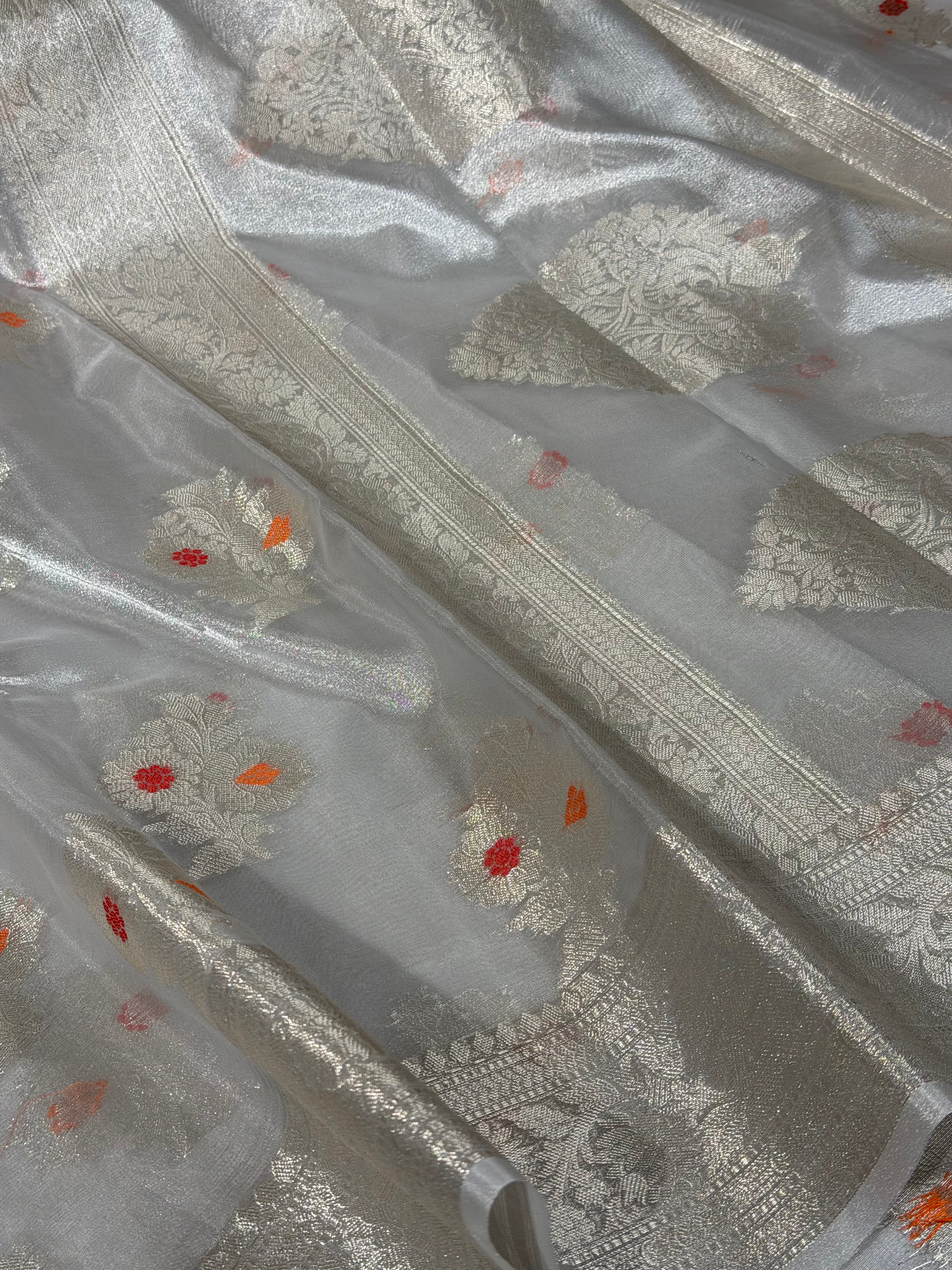 Silver Zari Kora Tissue Meenakari Banarasi Saree