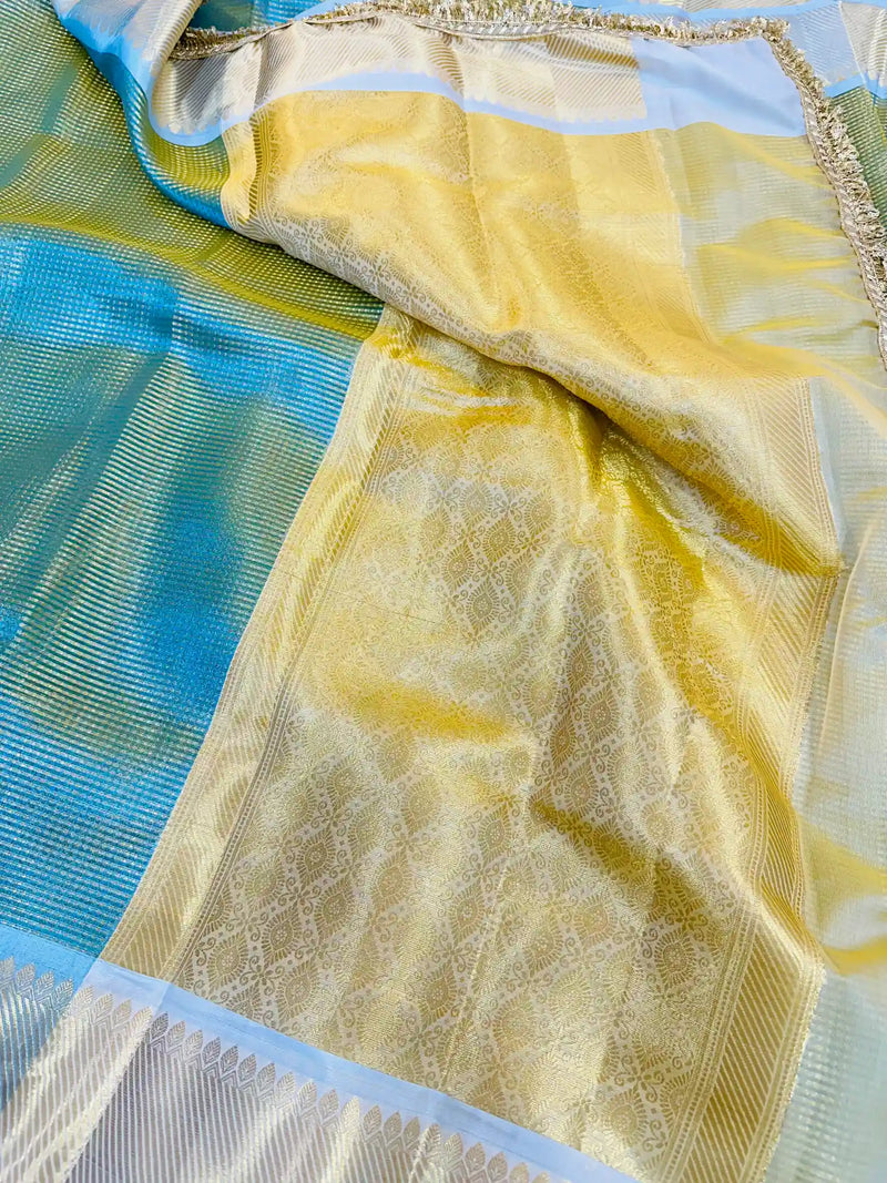 Sky Blue Brocade Tissue Silk Heavy Moti Lace Attached Banarasi Saree