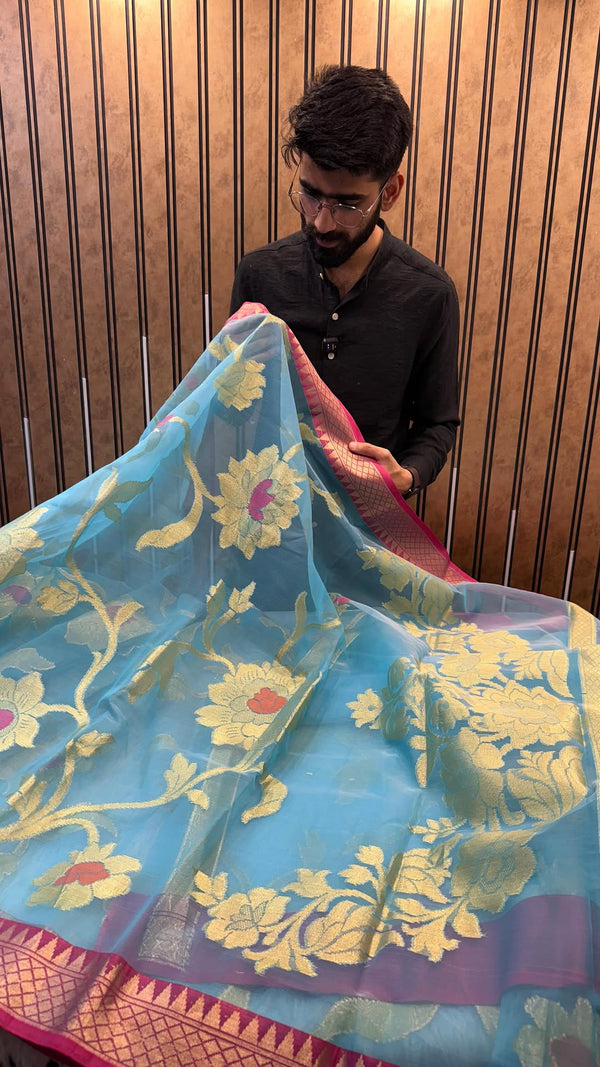 Sky Blue Kora Organza Silk Heritage Grand Floral Alfi Design Banarasi Saree