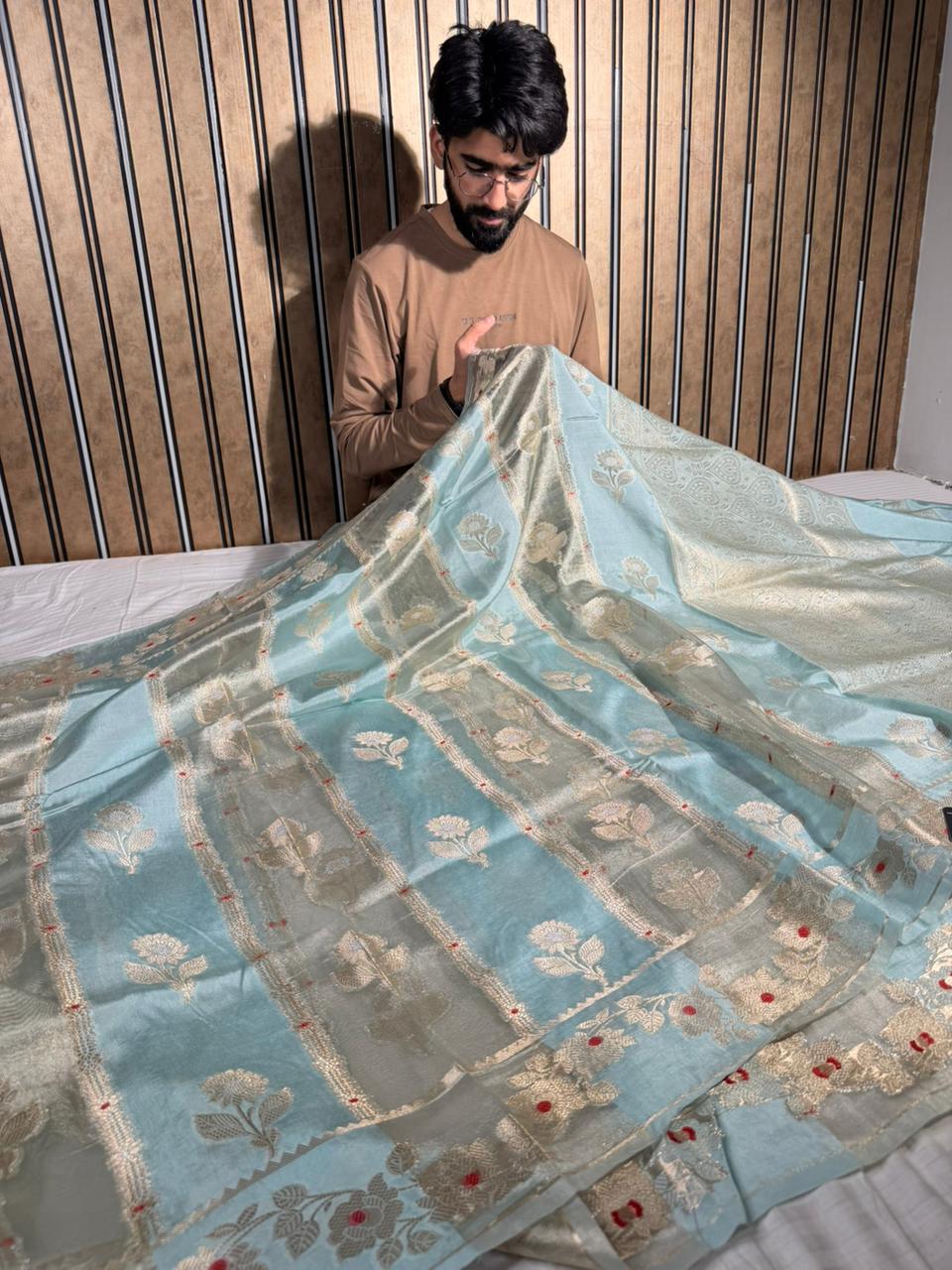Sky Blue Rangkat Chinia Tissue Silk Heritage Weave Banarasi Saree
