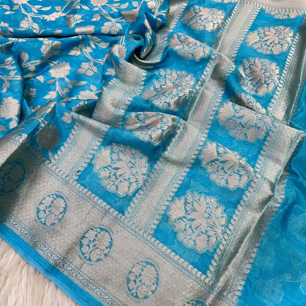 Sky Blue Chinia Silk Floral Banarasi Saree