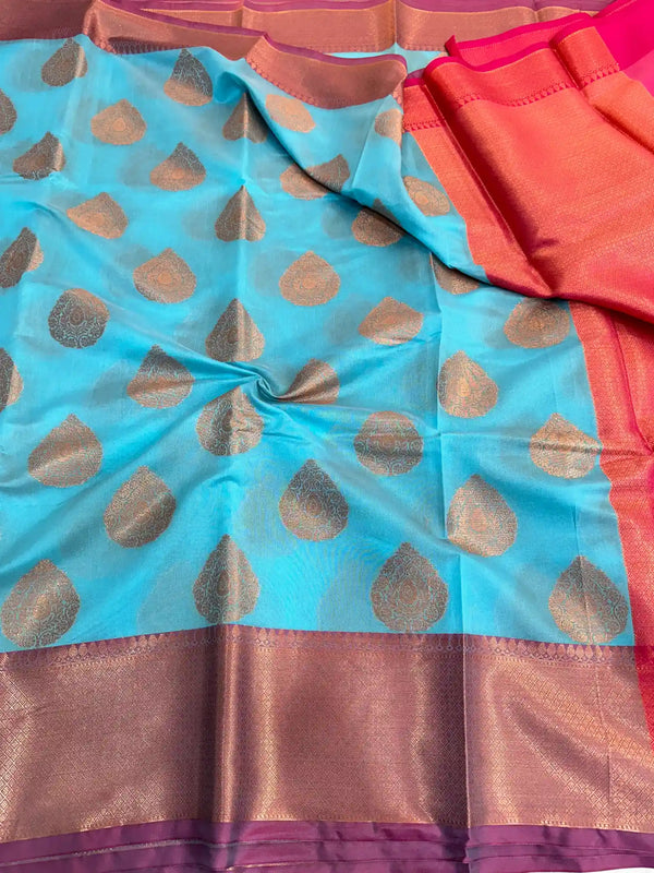 Light Blue Cotton Silk Zari Buta Banarasi Saree