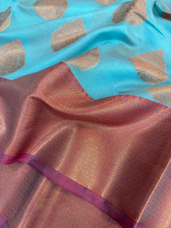 Light Blue Cotton Silk Zari Buta Banarasi Saree