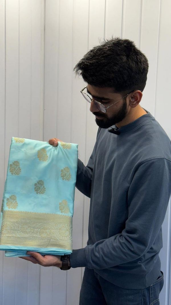 Sky Blue Mashru Katan Zari Buta Banarasi Saree