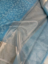 Sky Blue Organza Silk Chikankari Banarasi Saree