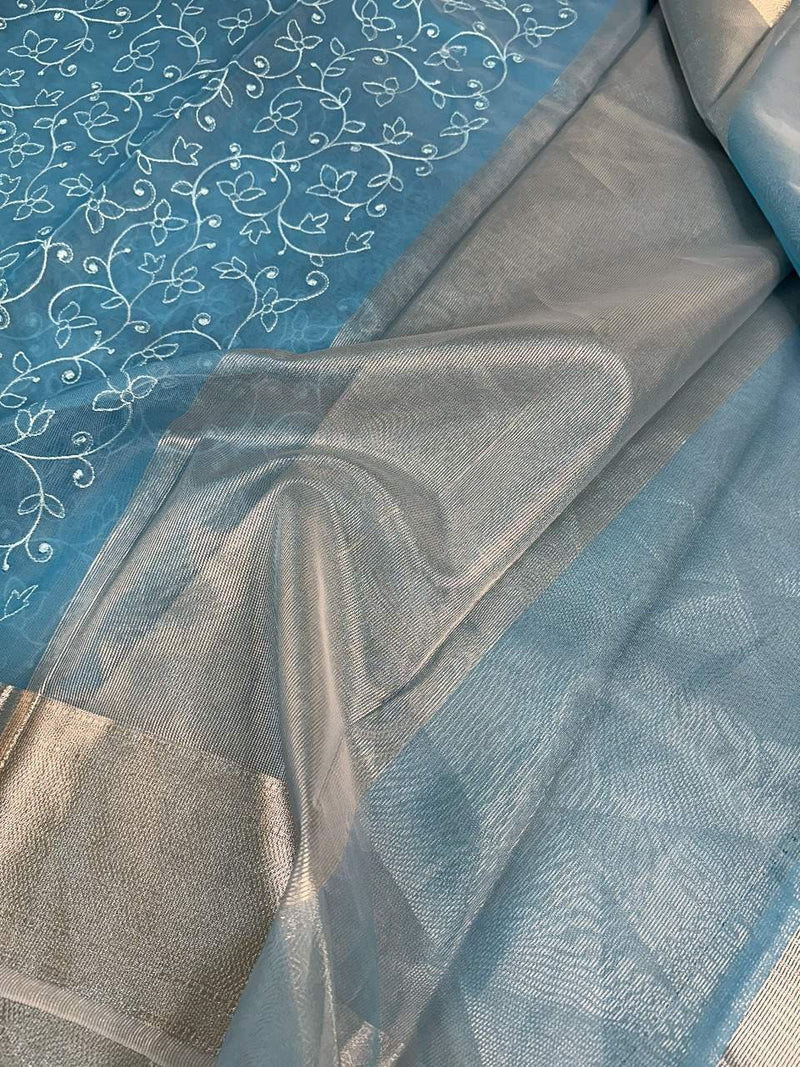 Sky Blue Organza Silk Chikankari Banarasi Saree