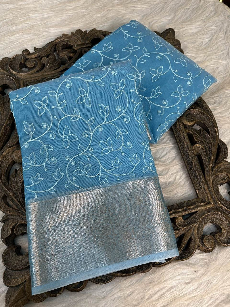 Sky Blue Organza Silk Chikankari Banarasi Saree