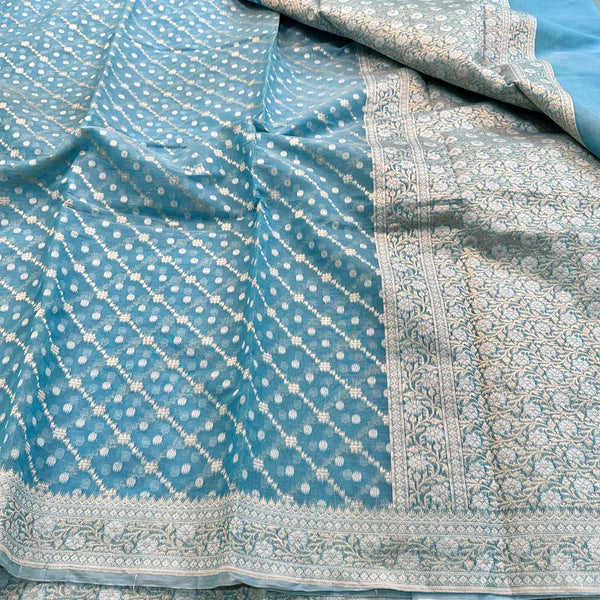 Sky Blue Pure Cotton Ikkat Jamdani Saree