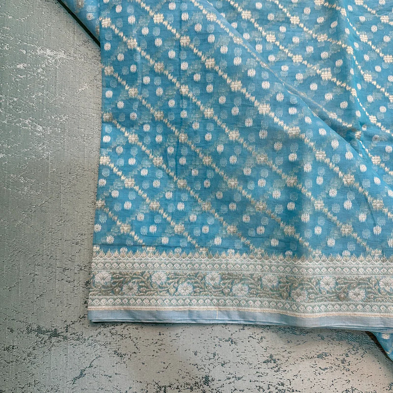 Sky Blue Pure Cotton Ikkat Jamdani Saree