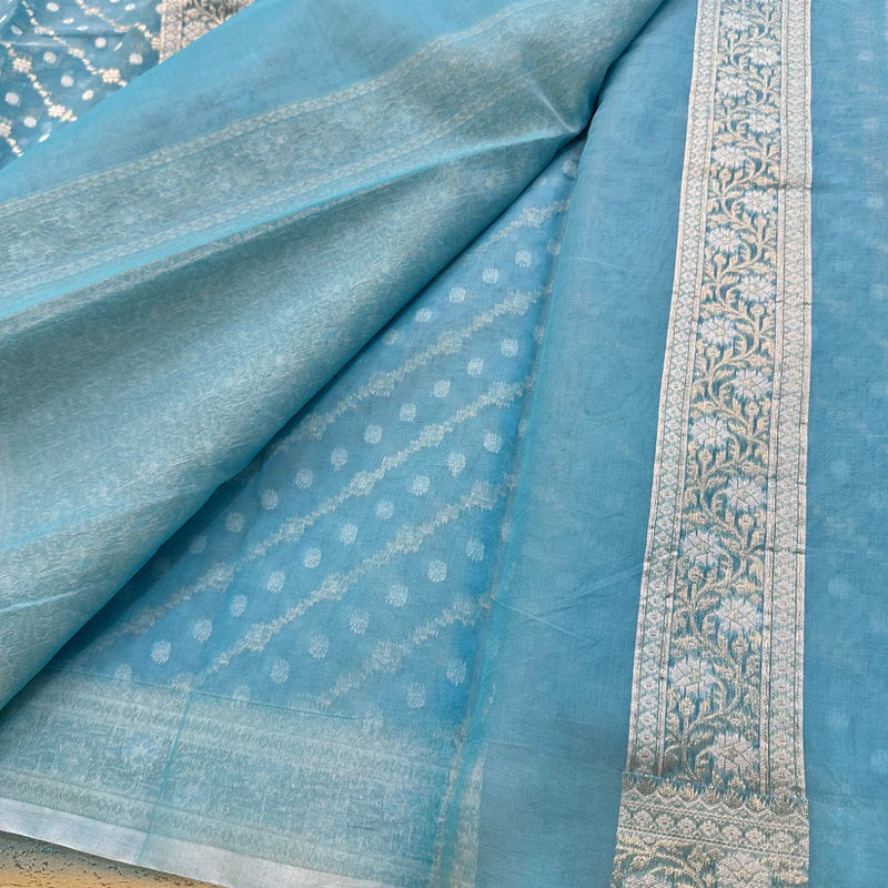 Sky Blue Pure Cotton Ikkat Jamdani Saree