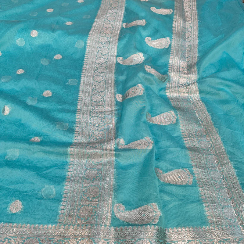 Sky Blue Semi Georgette Khaddi Banarasi Saree