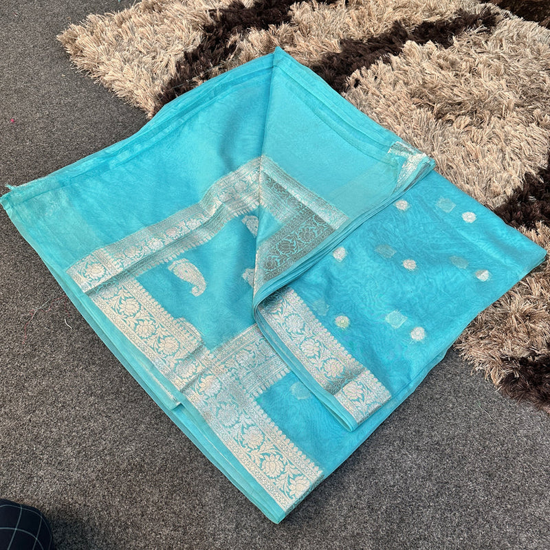 Sky Blue Semi Georgette Khaddi Banarasi Saree