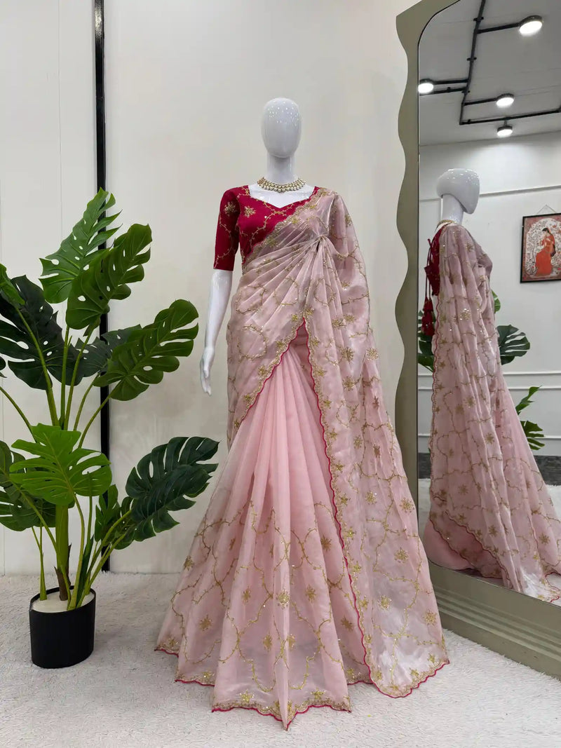 Subtle Baby Pink Glass Tissue Silk Designer Saree