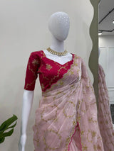 Subtle Baby Pink Glass Tissue Silk Designer Saree