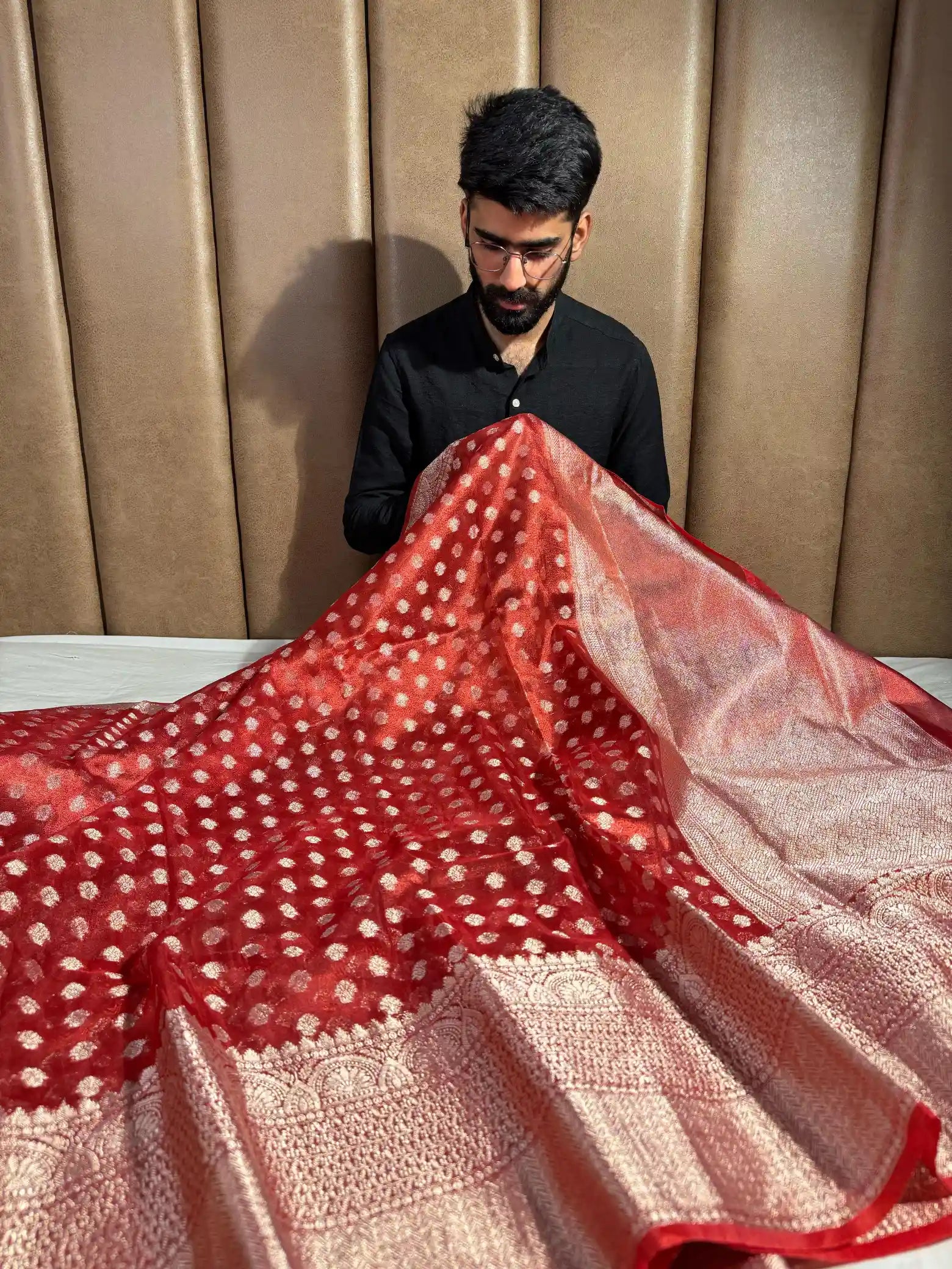 Subtle Carmine Red Glass Tissue Silk Zari Buti Banarasi Saree
