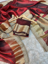 Subtle Carmine Red Shade Soft Tissue Silk Designer Banarasi Saree with Premium Lace Work