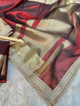 Subtle Carmine Red Shade Soft Tissue Silk Designer Banarasi Saree with Premium Lace Work