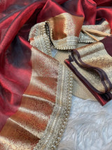 Subtle Carmine Red Shade Soft Tissue Silk Designer Banarasi Saree with Premium Lace Work