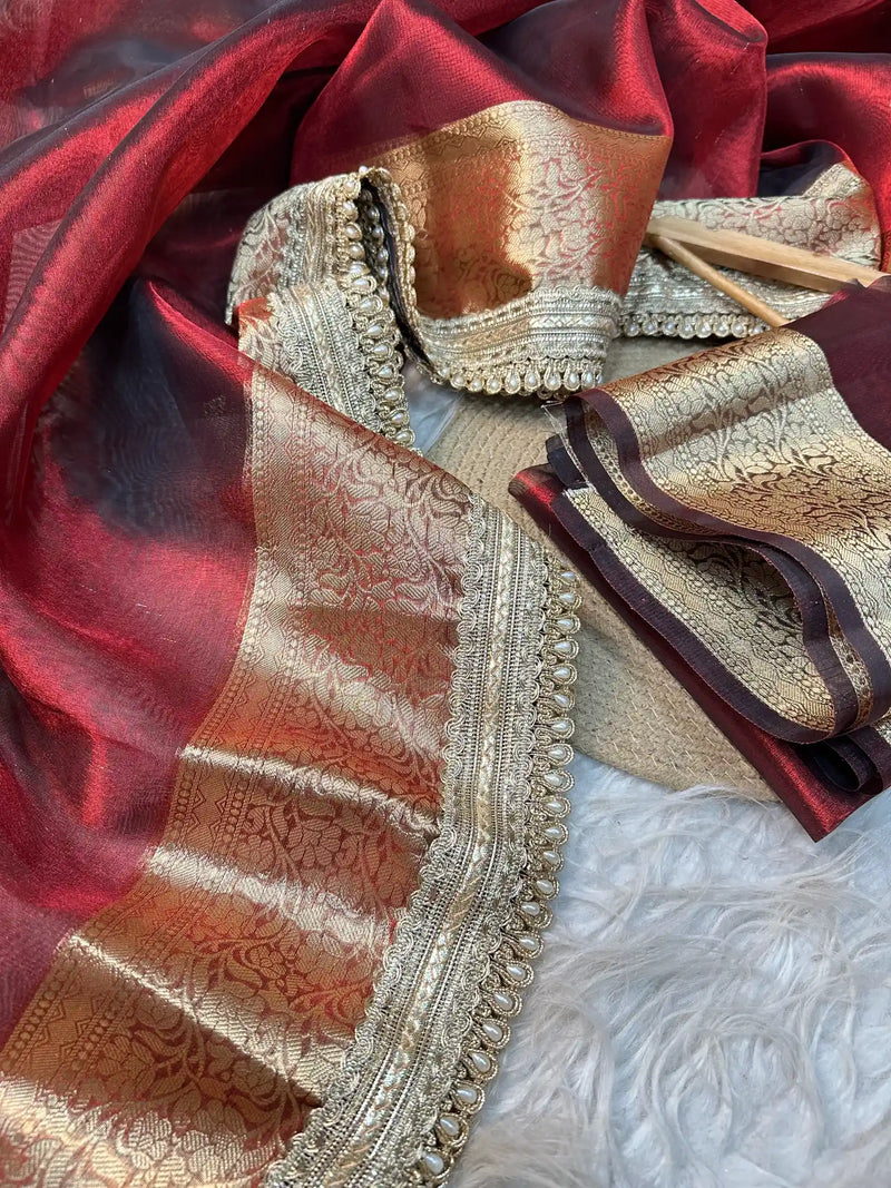 Subtle Carmine Red Shade Soft Tissue Silk Designer Banarasi Saree with Premium Lace Work