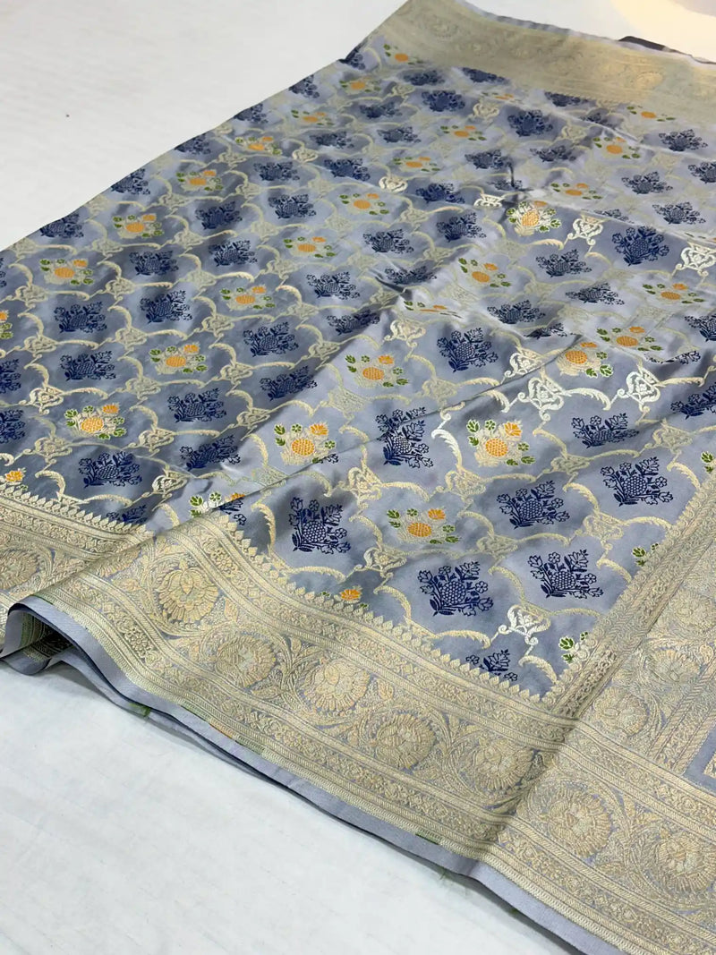 Subtle Grey Mashru Silk Banarasi Saree