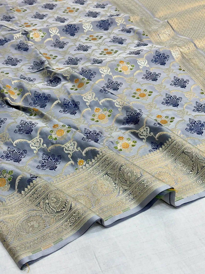 Subtle Grey Mashru Silk Banarasi Saree