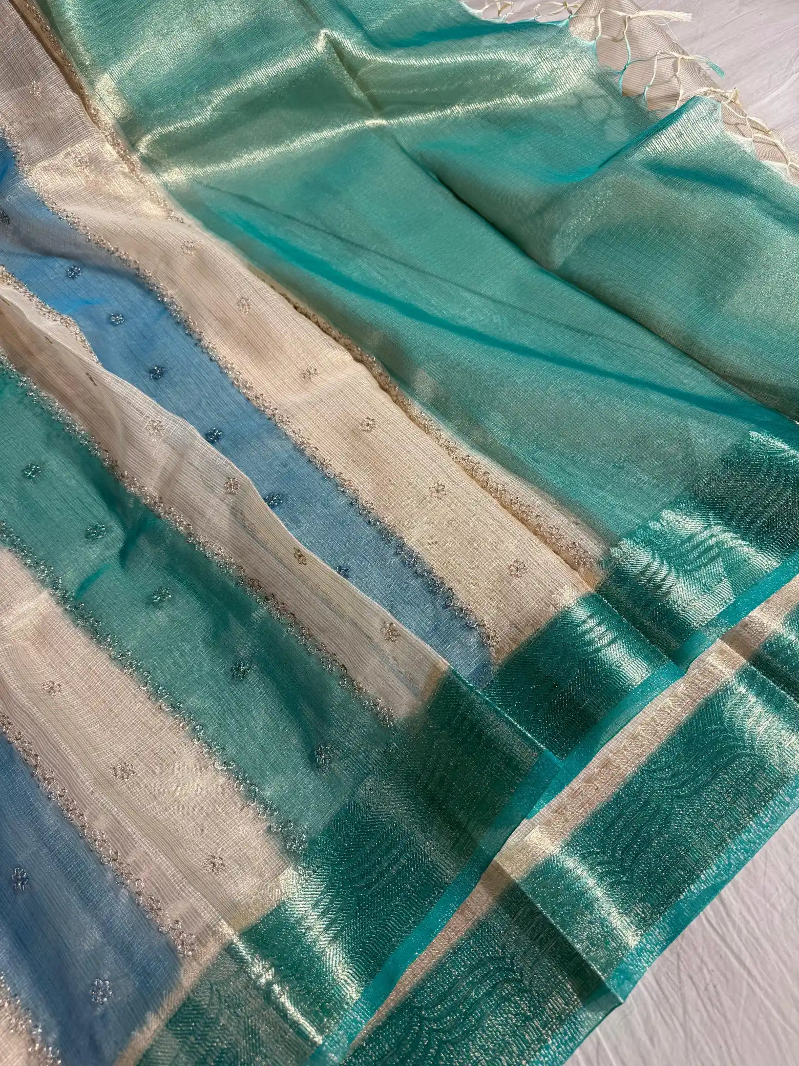 Subtle Kota Tissue Rangkat Chikankari Embroidery Work Banarasi Saree 