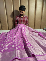 Subtle Lavender Pink Georgette Silk Grand Floral Weave Banarasi Saree