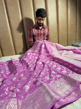 Subtle Lavender Pink Georgette Silk Grand Floral Weave Banarasi Saree